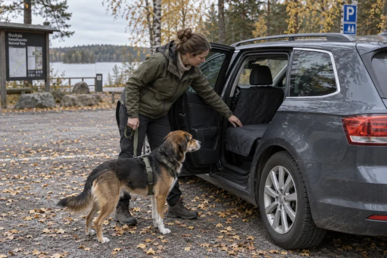 Nainen ja koira auton suojatun takaistuimen vieressä.
