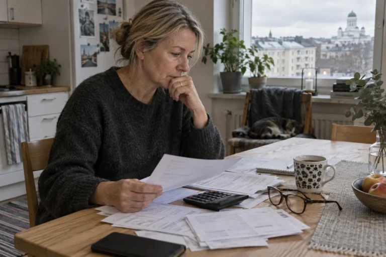 Nainen tarkastelee talouspapereita keittiön pöydän ääressä.