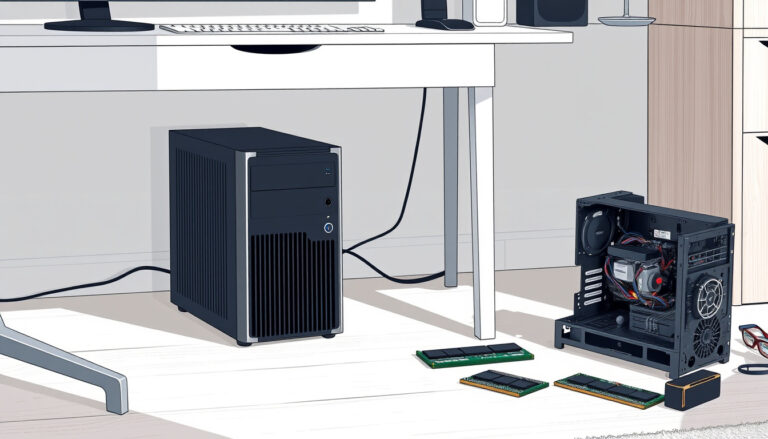 Pienikokoinen pöytätietokone kotitoimistossa pöydän vieressä, viereen aseteltuina tyhjä barebone-runko sekä muistipalkki ja SSD-levy osavalintaa varten.