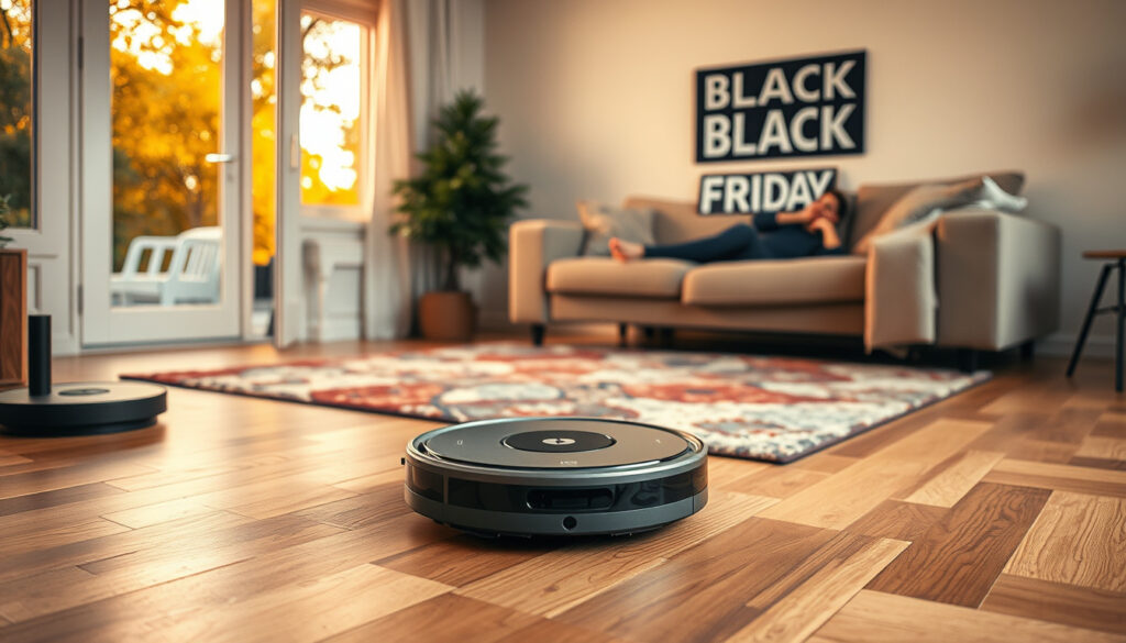 Robotti-imuri siivoaa olohuoneen lattiaa lataustelakan lähellä Black Friday -kamppailun tunnelmassa.