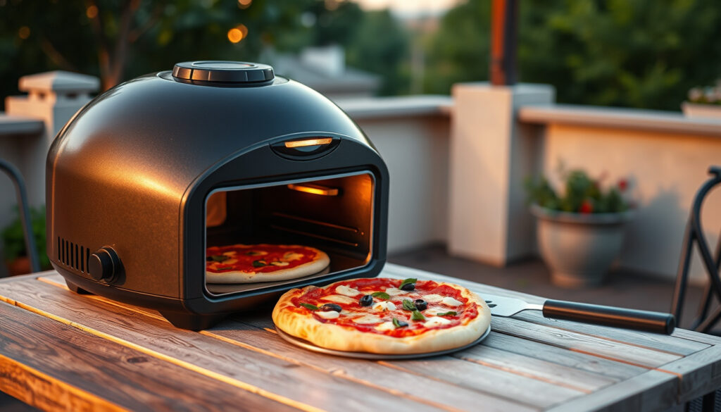 Pöydällä terassilla seisova kompakti pizzauuni, josta pizza siirretään lapion avulla kuumalle kivelle.