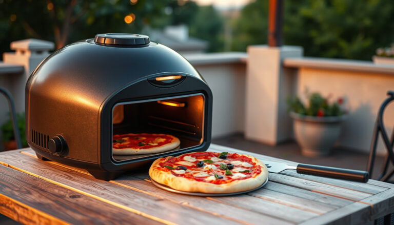 Pöydällä terassilla seisova kompakti pizzauuni, josta pizza siirretään lapion avulla kuumalle kivelle.