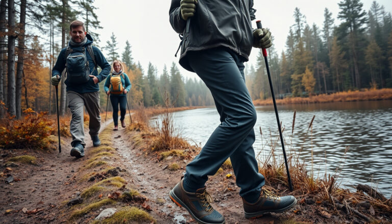 Vaeltajia metsäpolulla syksyisessä kelissä ulkoiluhousuilla ja kerrospukeutumisella
