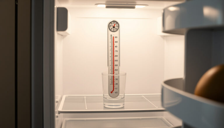 Analoginen jääkaapin lämpömittari vesilasissa jääkaapin keskimmäisellä hyllyllä valmiina yömittaukseen.