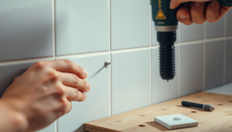Henkilö poraa reiän keraamiseen laattaan porakoneella, jossa on pieni timanttiporanterä; työpöydällä laattoja ja poranteriä.