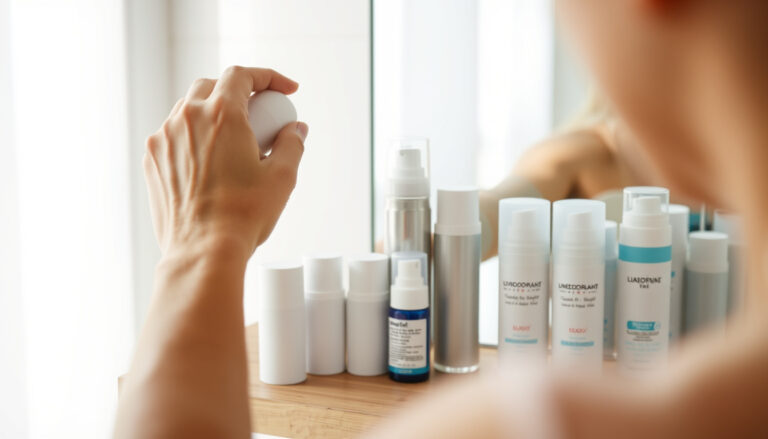 Henkilö laittaa deodoranttia kainaloon kylpyhuoneessa; tiskillä useita merkitsemättömiä deodoranttipuikkoja, roll-oneita ja suihkepulloja aamun valossa.