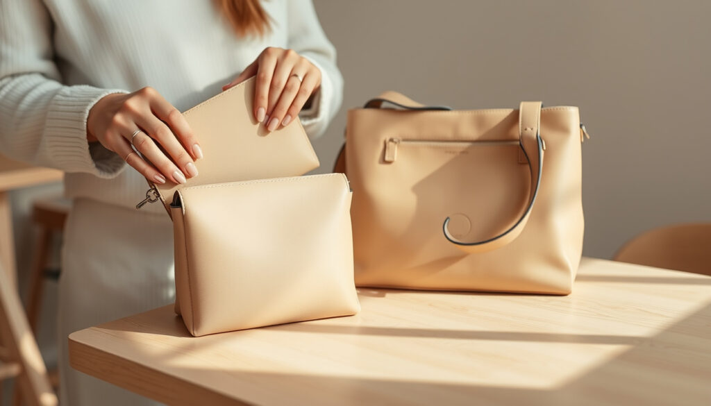 Kaksi vaalean beigeä naisten laukkua – tilava olkalaukku ja pieni clutch – pöydällä valoisassa ympäristössä