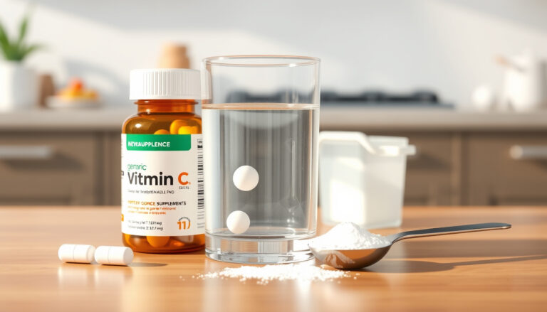 Kapseli, vesilasissa liukeneva poretabletti ja mittalusikallinen jauhetta esittävät C-vitamiinin eri annosmuodot.