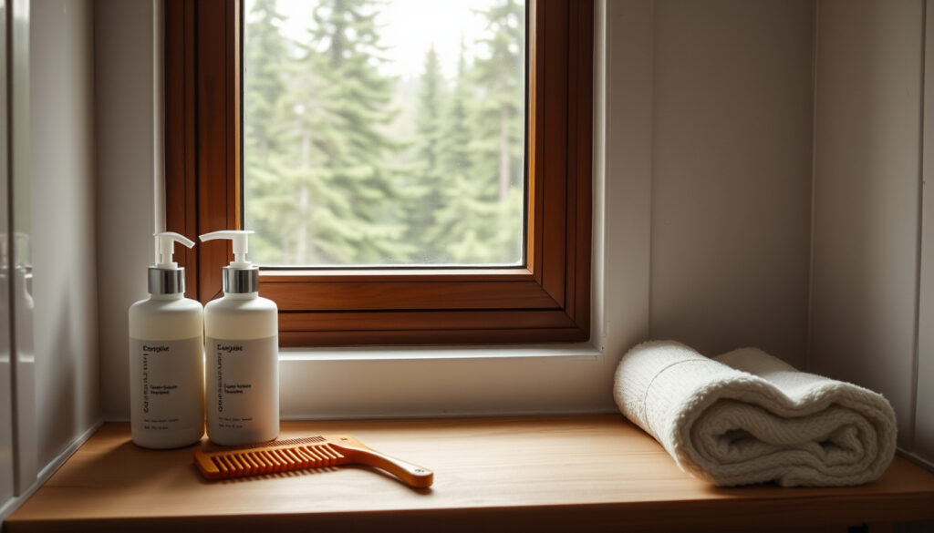 Kylpyhuoneen hyllyllä yksinkertaisia shampoo-pulloja, puinen kampa ja pyyhe ikkunan vieressä, jonka takaa avautuu vihreä metsänäkymä päivänvalossa.