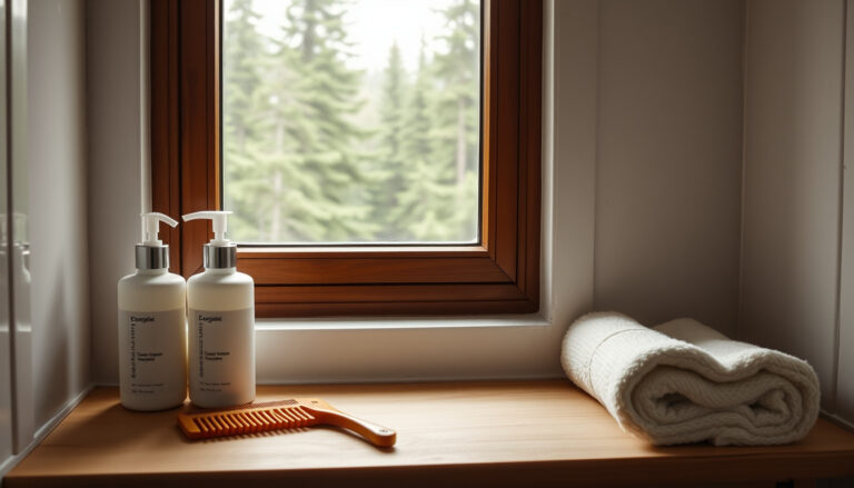 Kylpyhuoneen hyllyllä yksinkertaisia shampoo-pulloja, puinen kampa ja pyyhe ikkunan vieressä, jonka takaa avautuu vihreä metsänäkymä päivänvalossa.