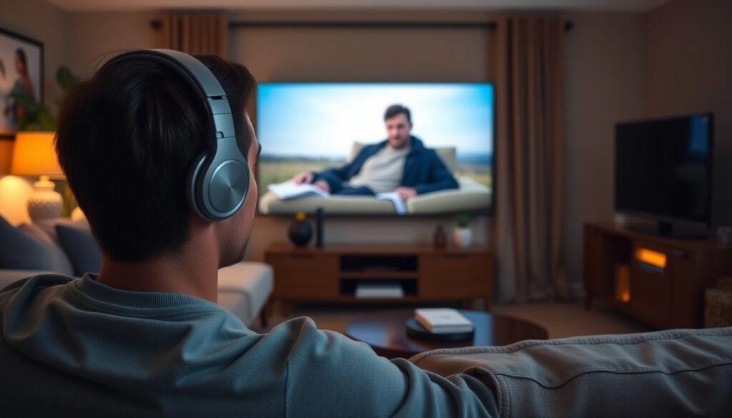 Henkilö sohvalla katsoo televisiota päällään langattomat ylikorvakuulokkeet, TV:n vieressä pieni lähetinasema.