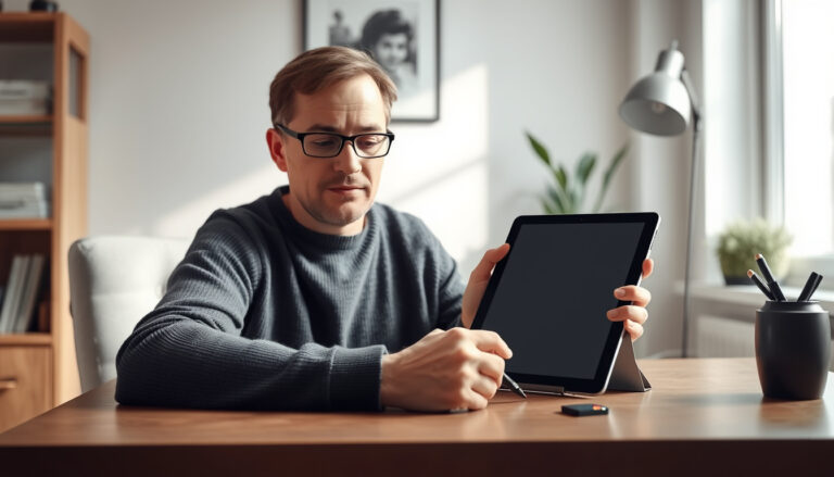 Henkilö vertaa kotitoimistossa kahta yleisluonteista tablettia, vieressä kynä ja muistikortti.
