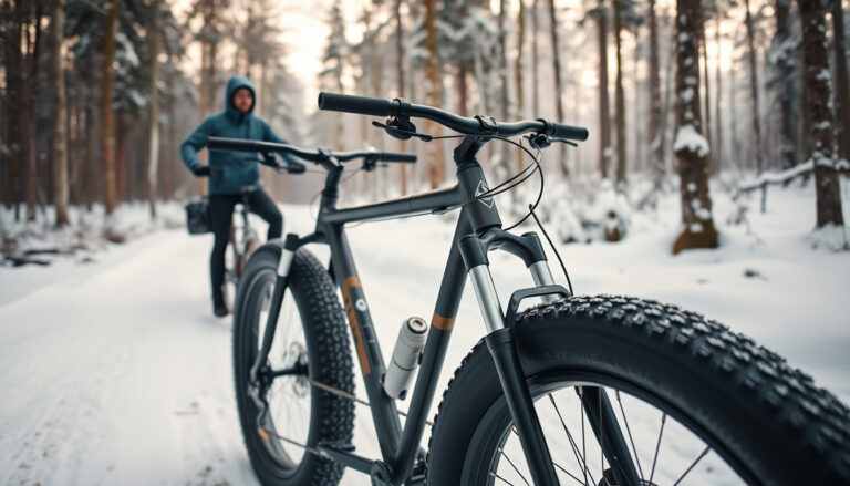 Paksurenkainen sähköfatbike lumisella metsäpolulla talvisessa maastossa.
