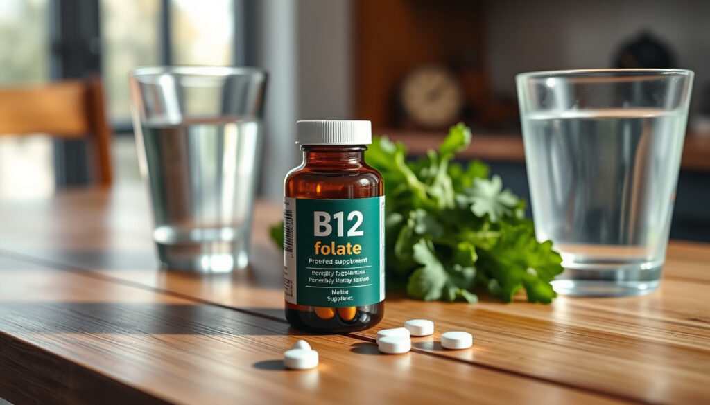 B12- ja foolihapporavintolisän purkki tablettineen vedenlasin ja tuoreiden vihannesten vieressä keittiönpöydällä