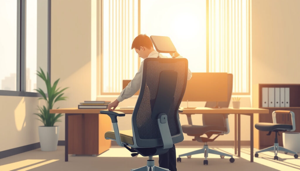 Korkeaselkäinen johtajan tuoli niskatukineen edustavassa toimistohuoneessa, henkilö säätämässä istuinkorkeutta