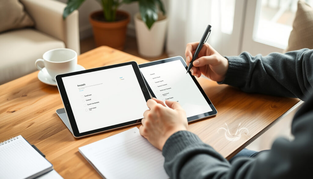 Henkilö vertaa kahta merkkitonta tablettia pöydällä muistiinpanojen ja tarkistuslistan kanssa budjettitabletin valinnassa.