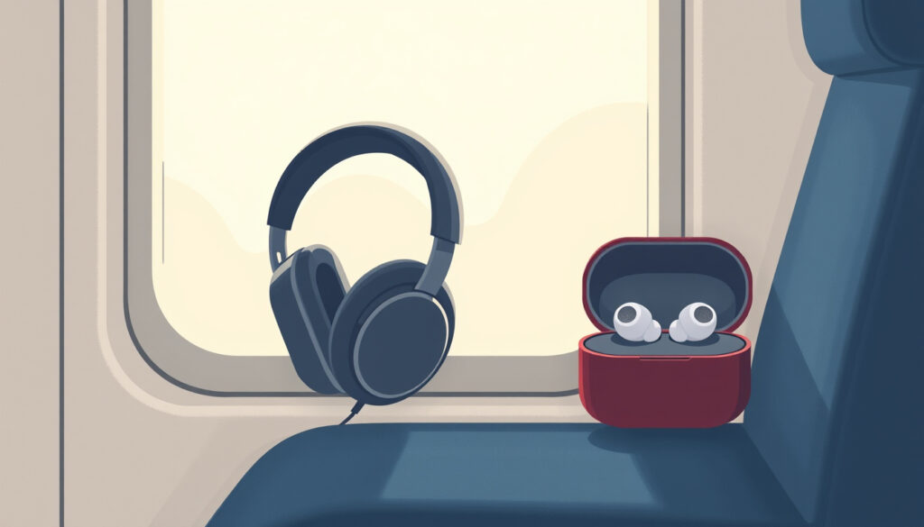 Korvat ympäröivät kuulokkeet ja latauskotelolliset langattomat nappikuulokkeet vierekkäin junamatkustajan penkillä.